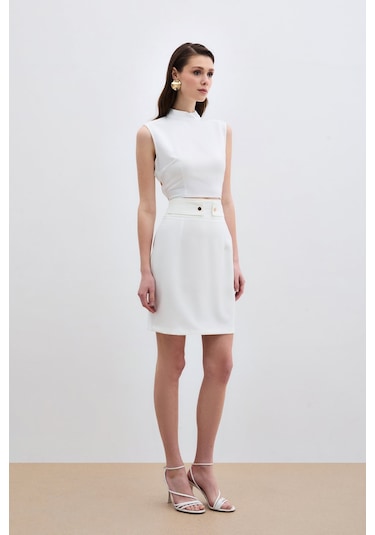 Sateen Çıt Aksesuarlı Mini Etek - Ekru-134900 Ekru