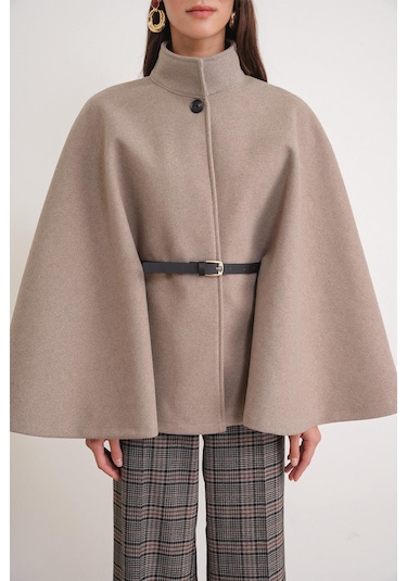 4768 Kadın Kemerli Panço Premium Kaşe Ceket Vizon VIZON