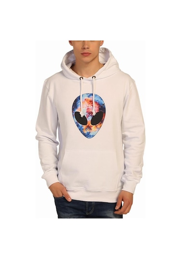 Bant Giyim - Alien Cosmos Beyaz Kapşonlu Erkek Sweatshirt Hoodie