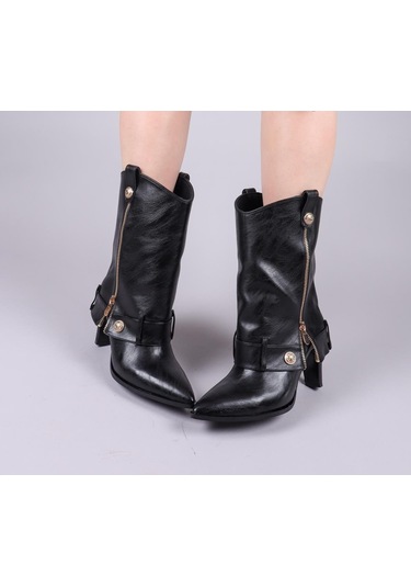 Kindep Fermuar Detaylı Günlük Kısa Topuklu Kadın Çizme Siyah Siyah