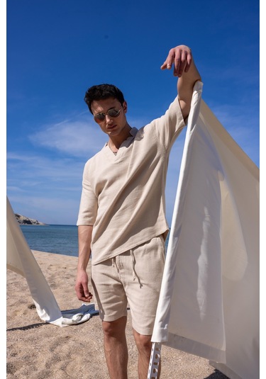 Bej Renk V Yaka Gömlek Şort Erkek Yıkamalı Keten Takım-1737 Bej