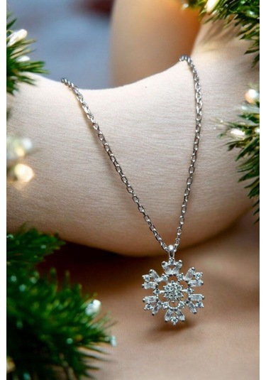 Modagümüşevi 925 Ayar Gümüş Baget Taşlı Kar Tanesi Kolye, Gümüş Kadın Kolye, Kar Tanesi Kolye