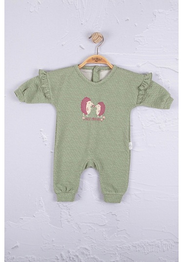 Kirpi Nakışlı % 100 Pamuk Kız Bebek Tulum Yeşil