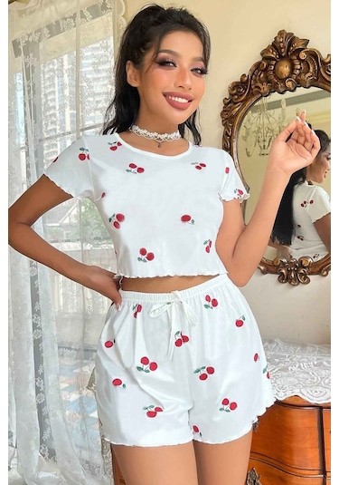 Merry See Örme Yumuşak Kısa Kol Kiraz Basklı Sortlu Pijama Takımı 001