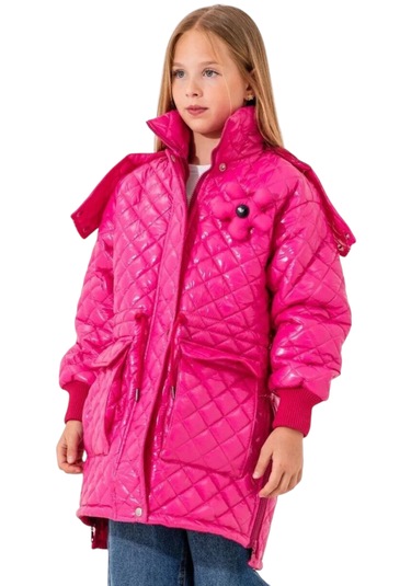 Kız Çocuk Kapitone Model Kapüşonu Çıkabilen İçi Astarlı Etek Kısmı Fermuarlı Parlak Pembe Renk Mont Pembe