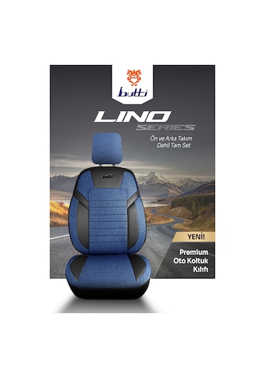 Mavi - Siyah Butti Lino Serisi Keten Kumaş Premium Oto Koltuk Kılıfı Ortopedik Destekli, Ön Arka Tam Set