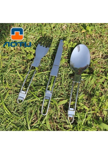 Aotu At6387 Dış Mekan Paslanmaz Çelik Katlanabilir Bıçak + Çatal + Kaşık Kamp, Yürüyüş Vb. İçin 3'ü 1 Arada Set.