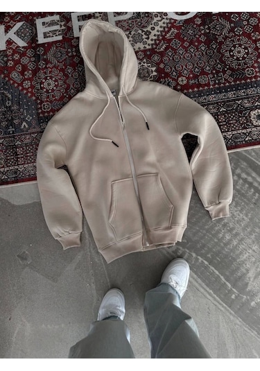 Leyla Sanat Sanata Yeni Bir Bakış Açısı Oversize Tam Fermuarlı Uzun Kol Hırka - Bej Bej