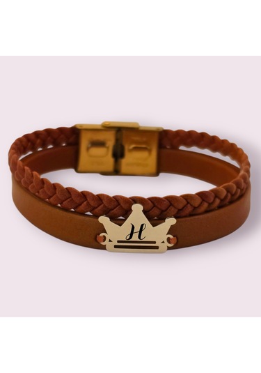 Archin H Harfine Özel Kahverengi Derili Taç Motifli 14 Ayar Altın Plakalı Hediye Bileklik-467harf H