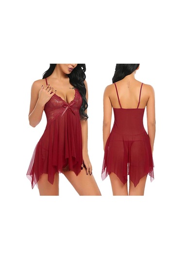 Şarap Kırmızısı Artı Boyutu Kadınlar İçin Yeni Sling Lingerie Derin V Dantel Babydoll Pijama Boudoir Kıyafetler