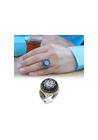 Sıkma Kehribar Üzerine "mühr-i Süleyman Ve Duası" İşlemeli 925 Ayar Gümüş Erkek Yüzük