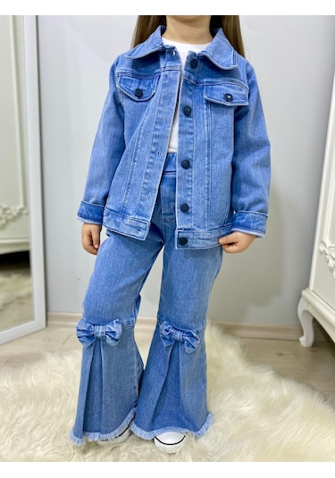 Modavals Fiyonk Detaylı İspanyol Paça Kot Pantolon & Kot Ceket & Badi Kız Çocuk Kombin Çok Renkli