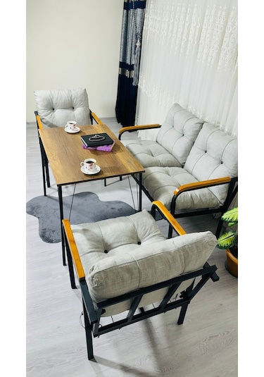 Madame Home Kadife Balkon, Bahçe,teras,cafe - Salon - Metal Kanepe Koltuk Takımı - 2+1+1 + Masa Açık Gri