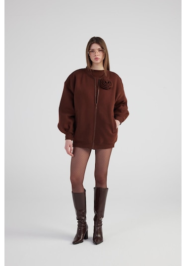 Holly Lolly Oversize Çıkarılabilir Gül Detaylı Astarlı Alexa Bomber Ceket Kahve