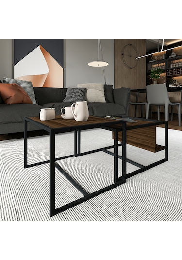 Batı 2 Li Modern Orta Sehpa Takımı Metal Ayaklı, Alt Raflı Ceviz