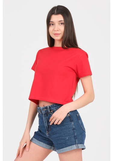 As Collection Kırmızı Bisiklet Yaka Kısa Kol Örme Kadın Crop Kırmızı