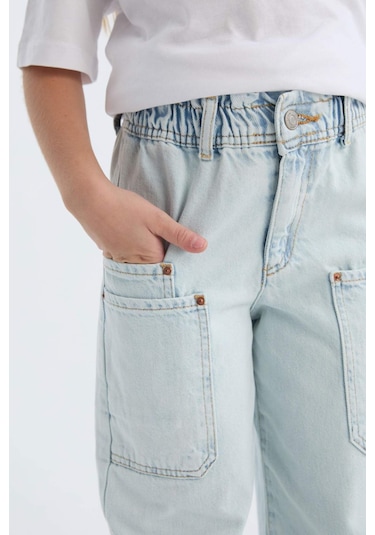 DeFacto Kız Çocuk Paperbag Kargo Geniş Paça Pamuklu Pantolon D7110A825SPNM63 Mavi