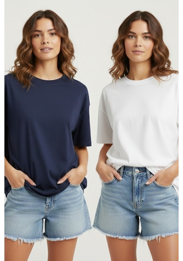 Soft&Basic Kadın 2'li %100 Organik Pamuk Oversize Fit Basic Yuvarlak Yaka T-shirt Lacivert-beyaz