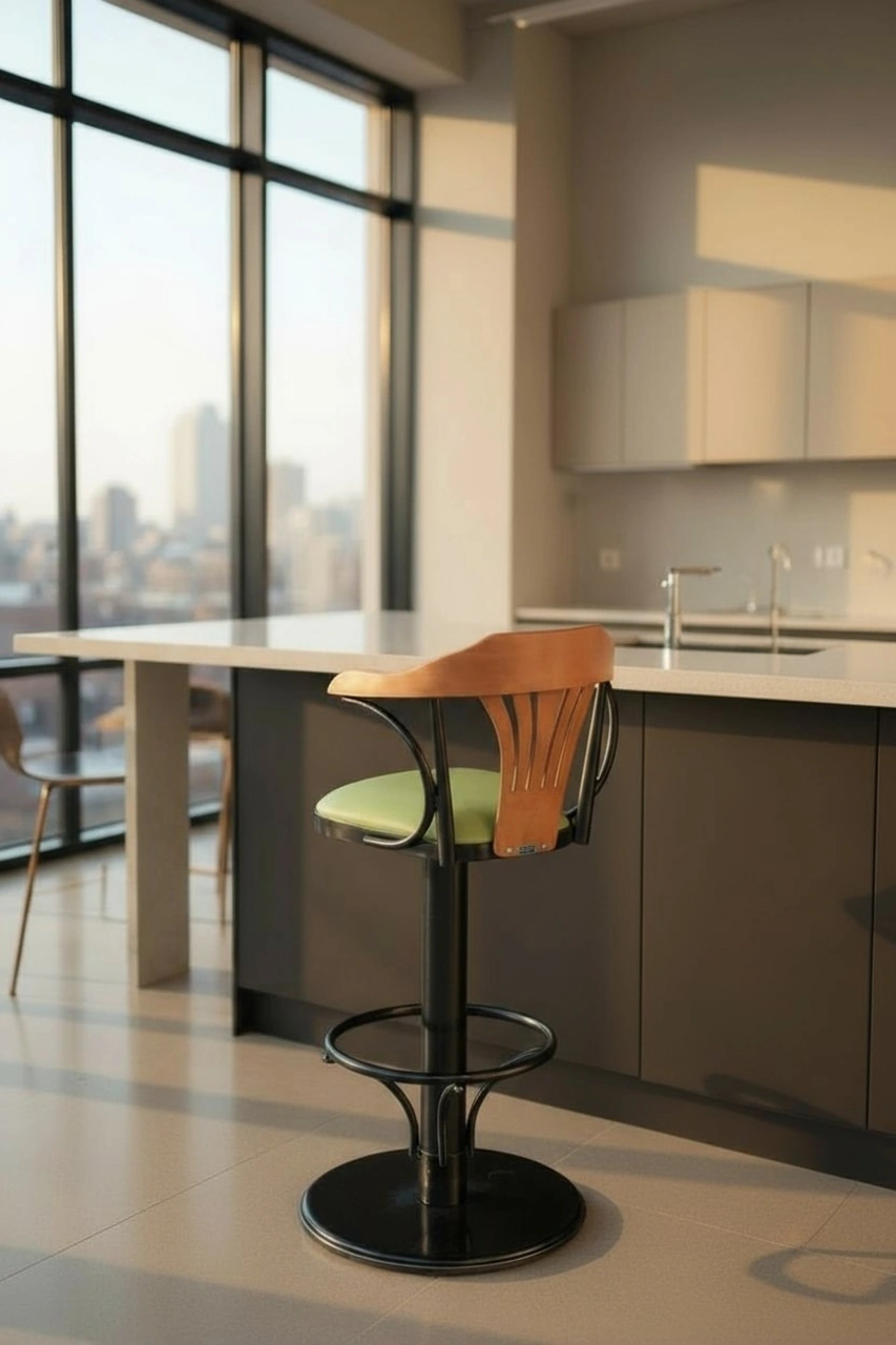 Dengema T168/75 Dönerli Bar Sandalyesi Yeşil Deri Oturum, İnegöl Ceviz Sırt 75 Cm Yükseklik Yeşil - Ceviz