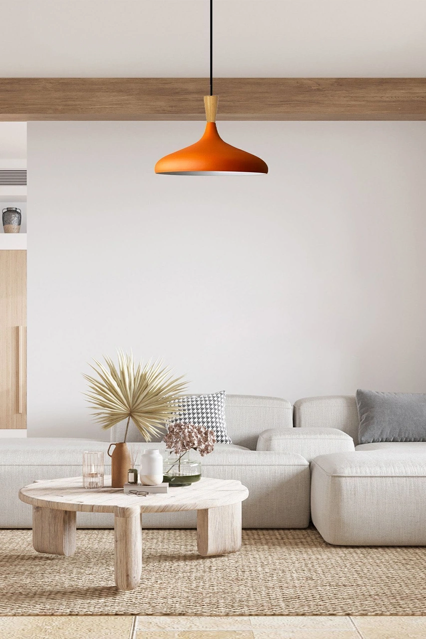 Champion Turuncu Ahşap Huni Tekli Avize Sarkıt Salon Mutfak Cafe Butik Lamba Aydınlatma Avizeler Turuncu