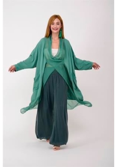 Italyan Ipek Detaylı Oversize Kaftan & Bluz-8711 Mint Yeşili