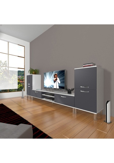Decoraktiv Eko On2 Mdf Dvd Krom Ayaklı Tv Ünitesi Tv Sehpası Beyaz - Antrasit