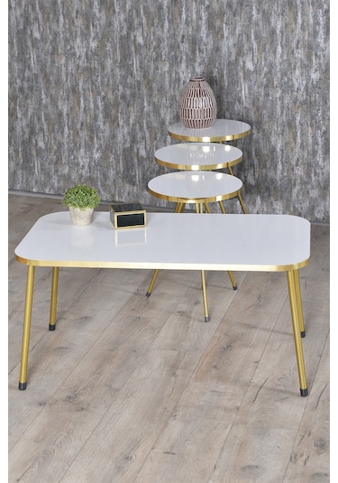 Zigon Sehpa Ve Orta Sehpa Kr Gold Metal Ayak Gold Beyaz Set