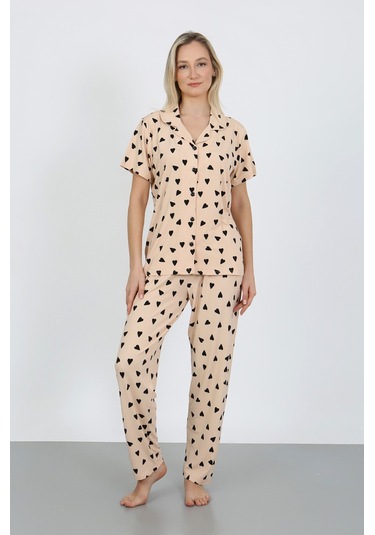 Nisanca Kısa Kollu Milan Gömlek Pijama Takımı- Genç Anne Serisi Bej