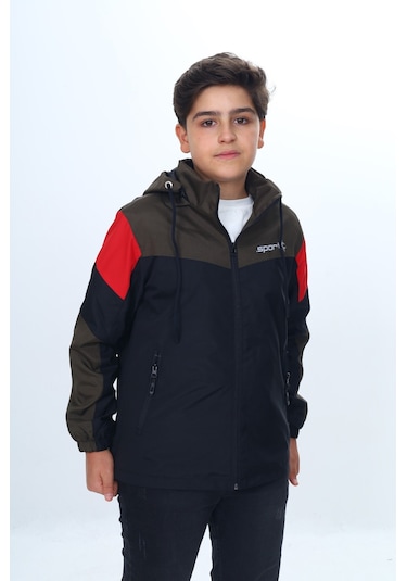 Toontoy Erkek Çocuk Sport Baskılı Kapüşonlu Yağmurluk Siyah