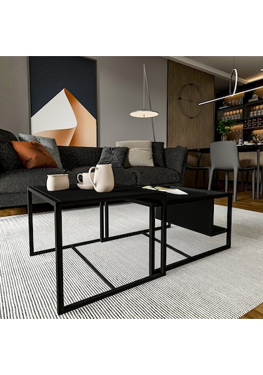 Batı 2 Li Modern Orta Sehpa Takımı Metal Ayaklı, Alt Raflı Düz Siyah