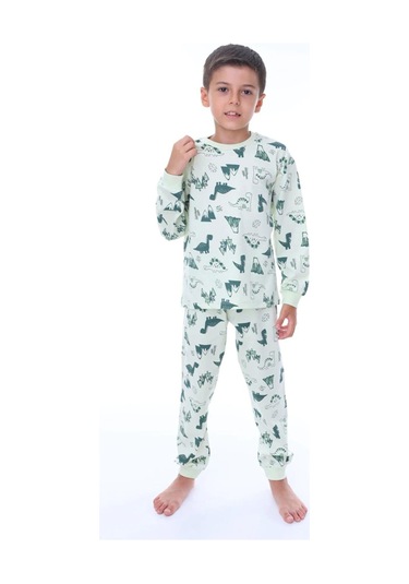 Erkek Çocuk Dinazor Desenli Uzun Kollu Pijama Takımı-901 Yeşil