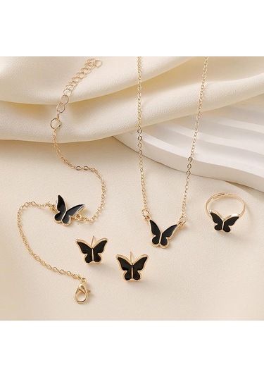 1set Moda Zarif Basit Çok Yönlü Kelebek Kolye Bilezik Küpe Yüzük Kadınlar Kızlar Düğün Partisi Takı Seti Hediye Kırmızı