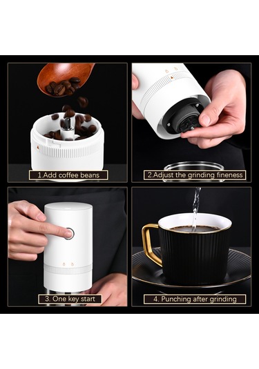 Hfambition 6 Kademeli Usb Şarjlı Portatif Kahve Değirmeni - Seramik Bıçaklı, Otomatik Durdurma, Beyaz Renk Beyaz
