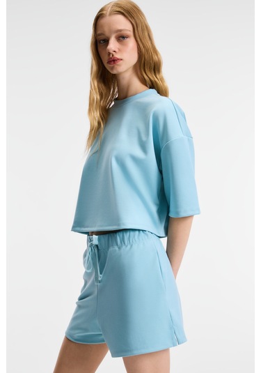 VELA Kadın Esnek Kumaşlı Bisiklet Yaka Oversize Fit Mavi T-Shirt