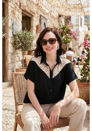 Lela Dantelli Relaxed Fit Kısa Kollu Bayan Gömlek 5865764 Siyah