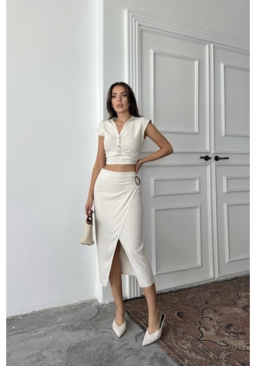 Moderie Butik Bej Keten Gömlek Ve Etek Takım Bej