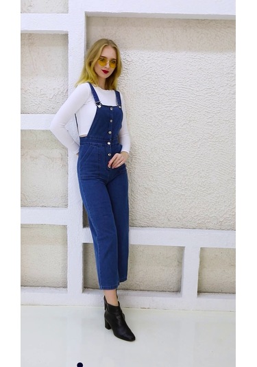 Önden Düğmeli Enzim Kumaş Salopet & Tulum Lacivert