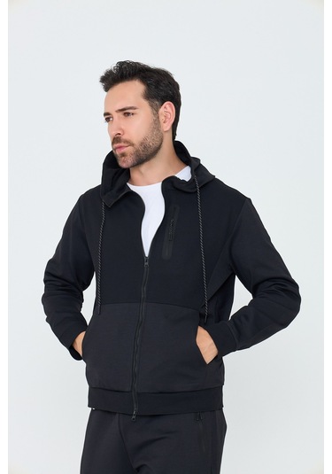 White Stone Siyah Kapüşonlu Fermuarlı Erkek Sweatshirt