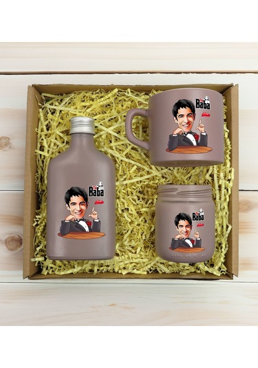 Bk Gift Kişiye Özel Dtf The Baba Karikatürlü Mat Gri Kahve Fincanı + Kolonya + Mum Seti 2