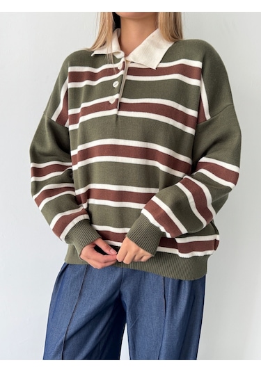 Kadın Polo Yaka Çizgili Triko Kazak Haki
