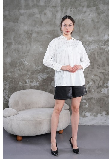 Çizgili Klasik Kadın Gömlek Beyaz