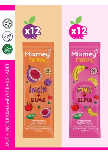 Muz + İncir Karma Meyve Barı 24 Adet Sağlıklı Atıştırmalıklar Vegan, Glutensiz 20gr X 24 Adet