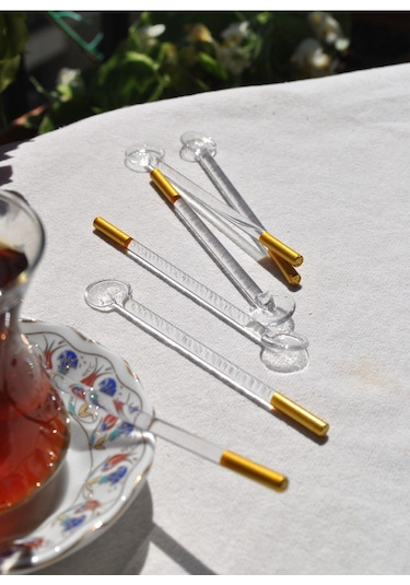 6'lı Cam Çay Kaşığı Varaklı Gold Çay Kaşık Düz Simli Gold