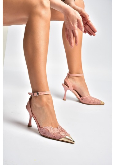 Fox Shoes Y752082806 Pudra Dantel İnce Topuklu Kadın Ayakkabı