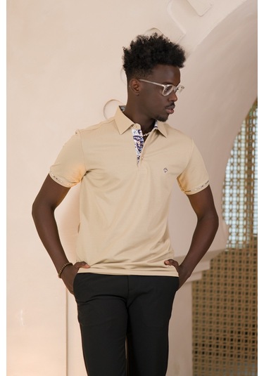 Paul Martin Regular Fit Yaka Garnili Pamuklu Polo Yaka T-shirt krem