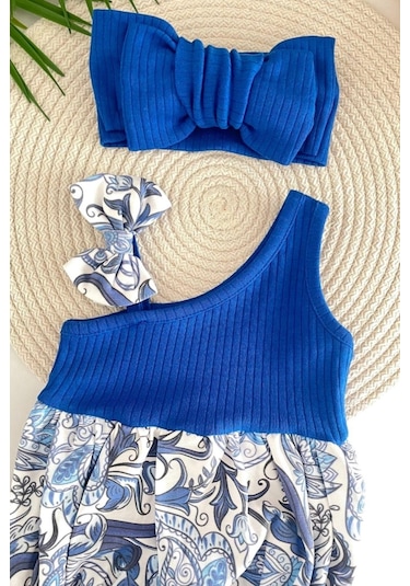 Kız Bebek Kokina Çiçeği Tek Omuz Romper Tulum Mavi