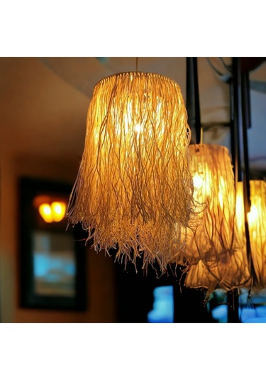 Hasır Doğal Saçaklı 35 Cm Dekoratif Rafya Avize Sarı