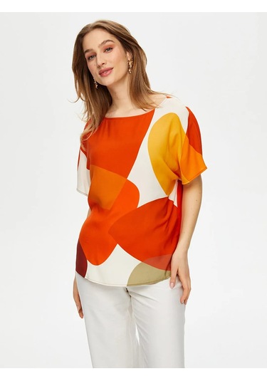 Faik Sönmez Geometrik Soyut Desen Viskon Kadın Bluz Us25blz039 Çok Renkli