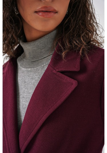 9118 Kruvaze Yaka Kaşe Kaban - Bordo Bordo