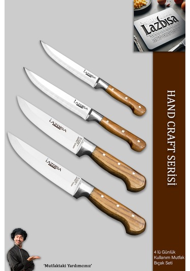 Lazbisa Mtf-036 Hand Craft Mutfak Bıçak Seti Et Ekmek Sebze Bıçağı 4 Lü Set Günlük Kullanım Kahverengi